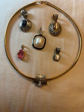 Goldtone Omega Necklace With 6 Slide Pendants Crystals Star Sapphire Tiger Eye